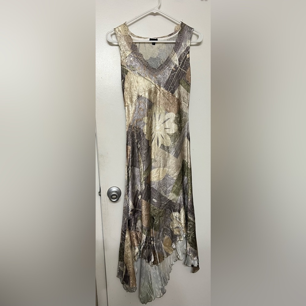 Dress. Brand: Komarov. Satin, shiny material. Silver, cool colors.